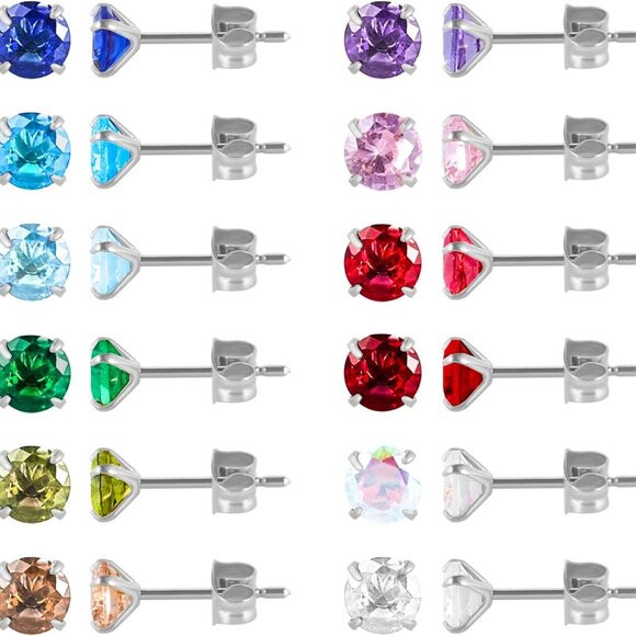 12 Pairs Silver 5mm Round Cubic Zirconia Stud Earrings for Women - Surgical Stee - Picture 1 of 6